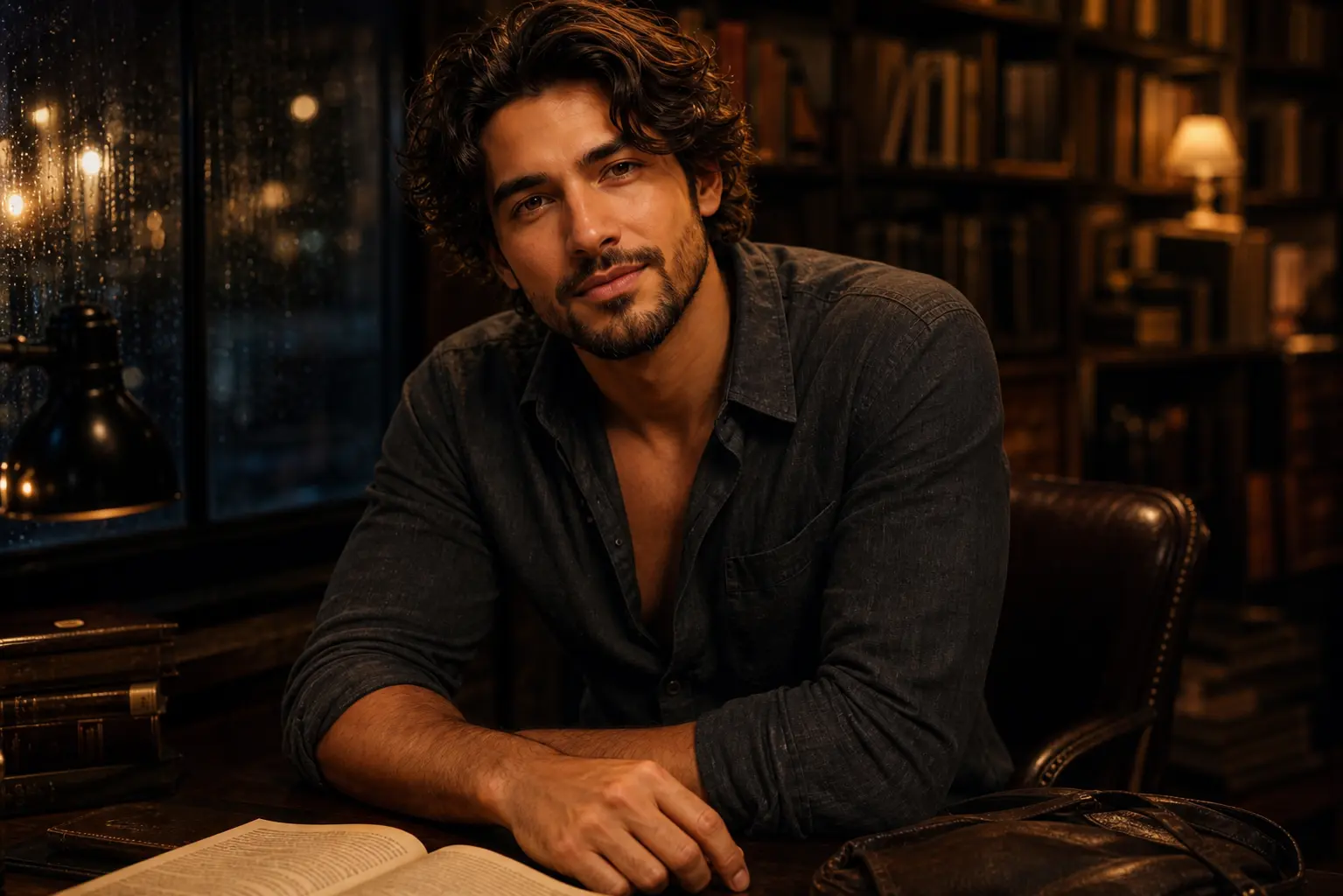 Elio leaning close in his rain-lit bookshop after closing