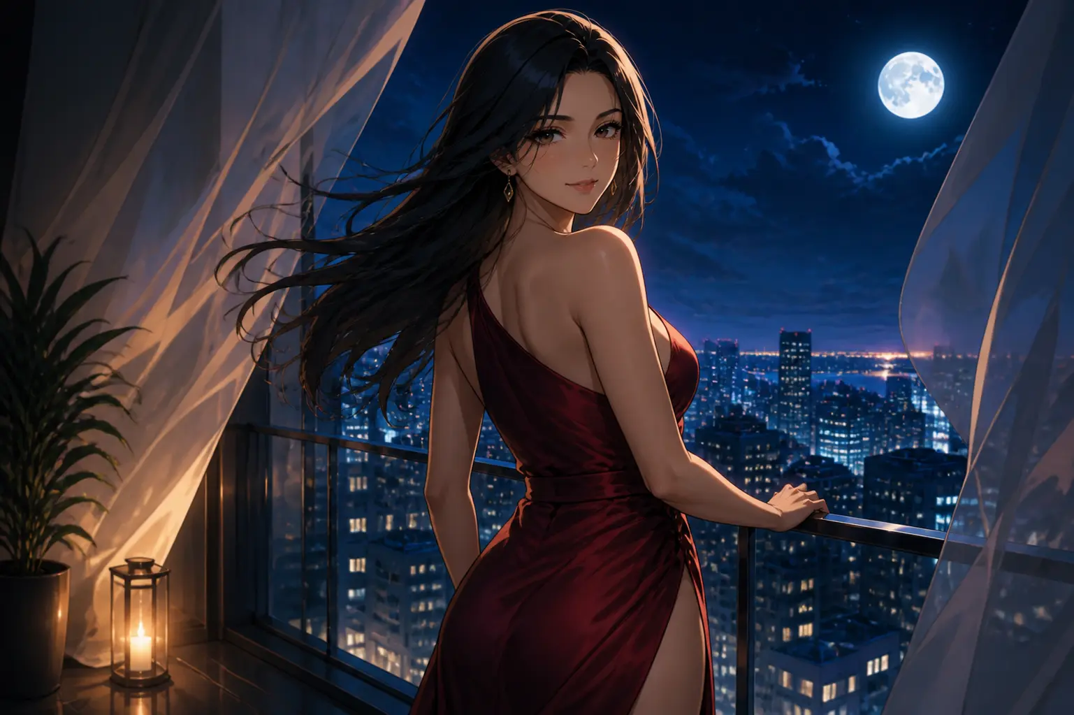 An original adult anime companion in a crimson evening gown above a moonlit city